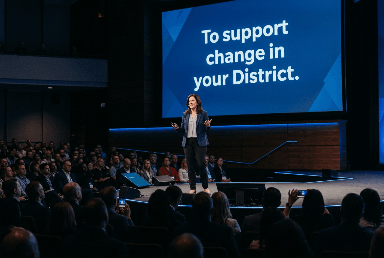 Association keynote presentation with a large screen that reads support change in your district.