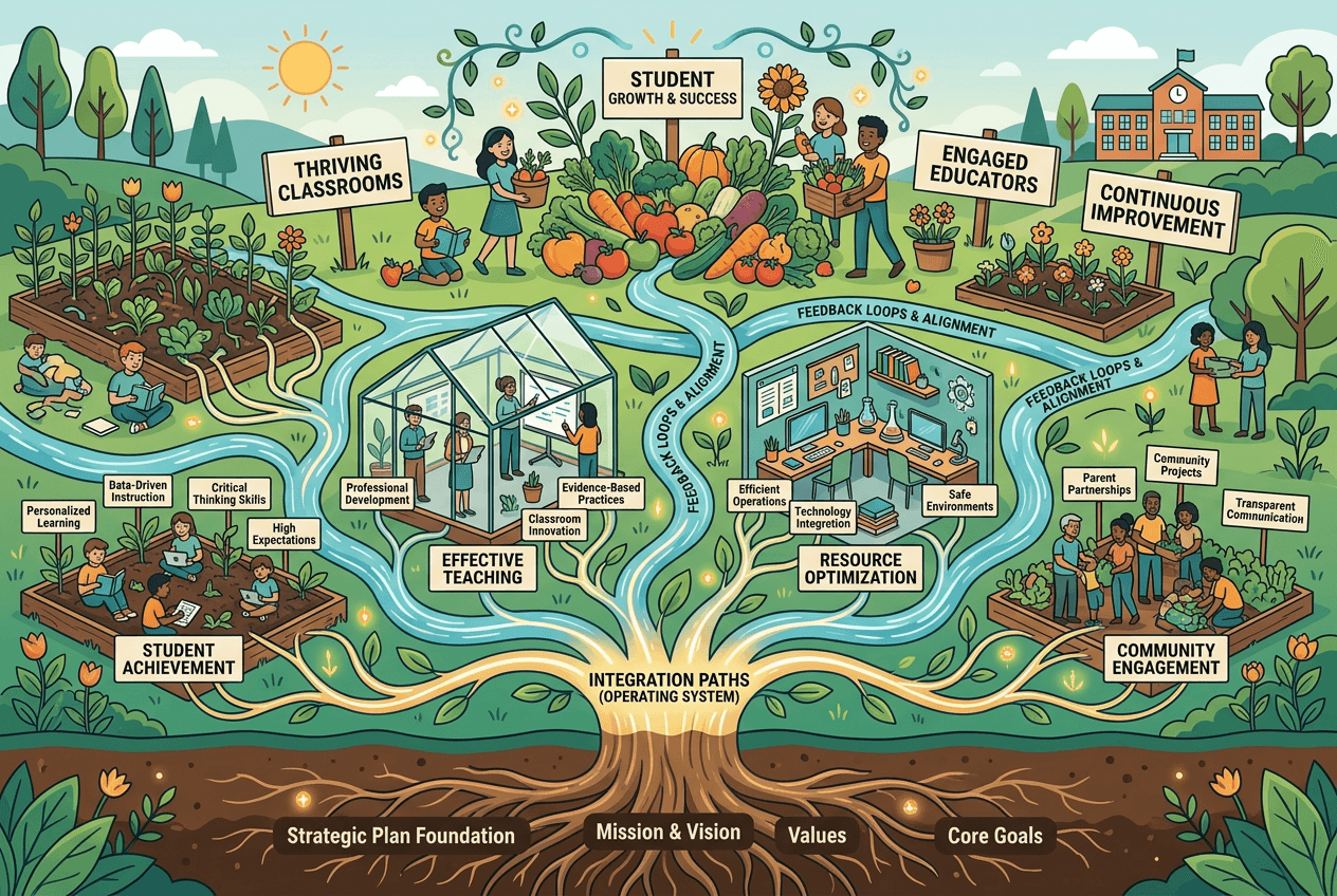District strategy illustration showing student growth, engaged educators, resource optimization, and community engagement connected to a strategic plan.