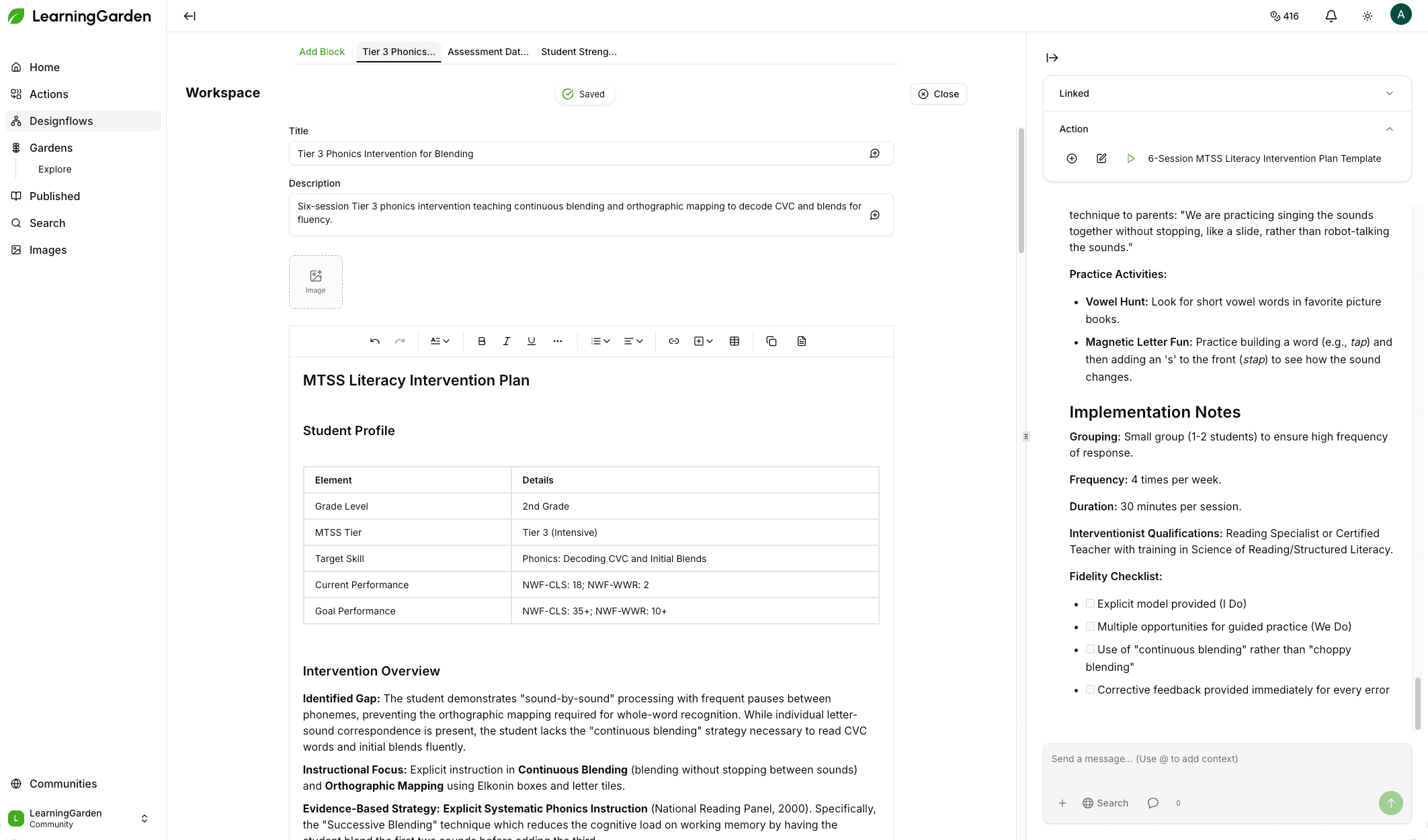 Garden view — Literacy priority Garden with Designflows, moderators, and adoption metrics