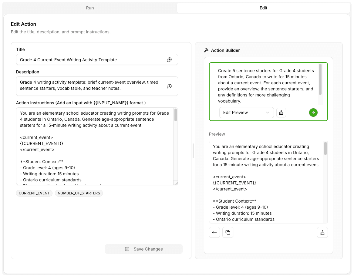 Action Builder — guided form creating an Action with variables for grade level, reading level, IEP accommodations, and language