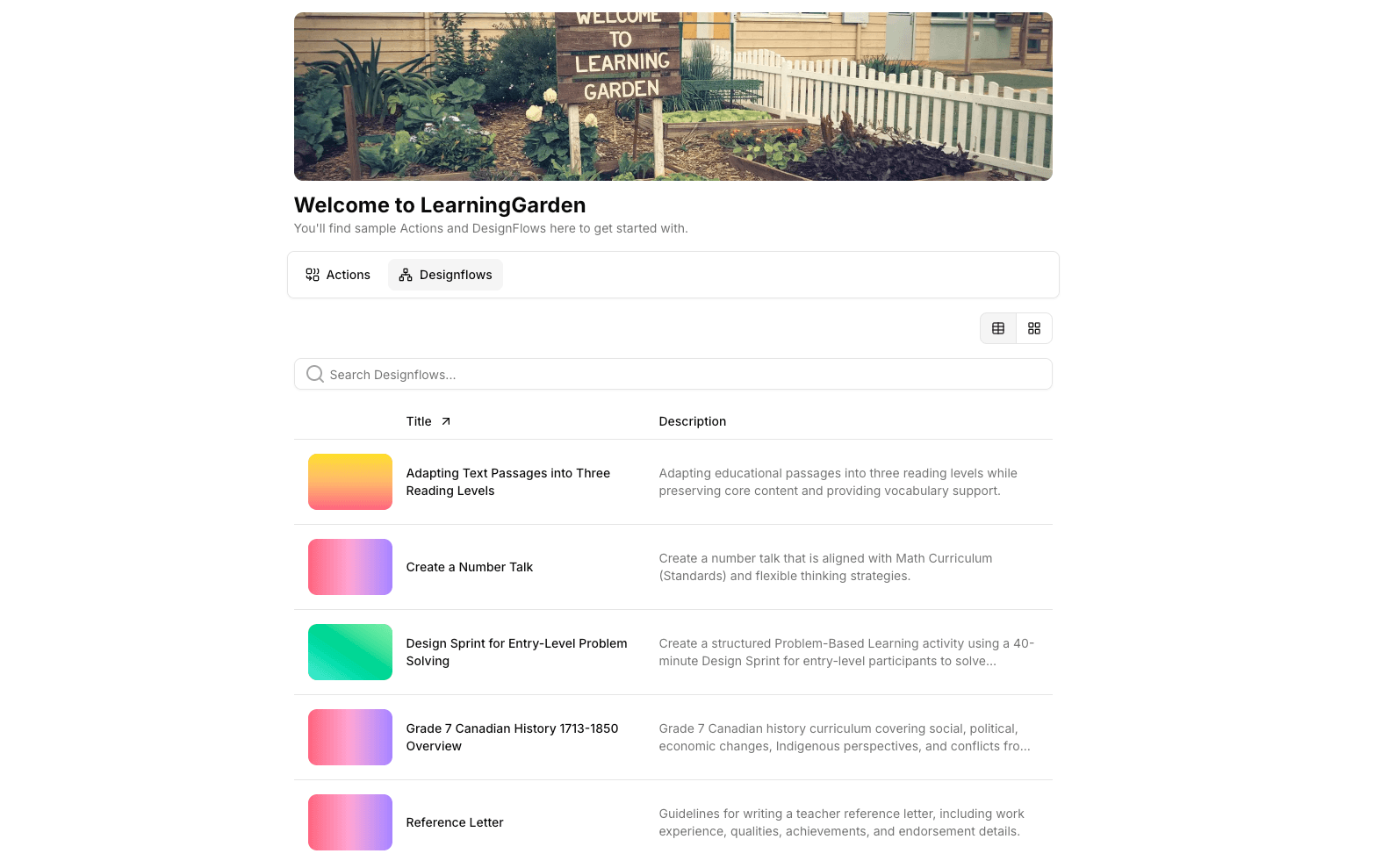 Grade-level Garden showing shared Actions and Designflows from colleagues.