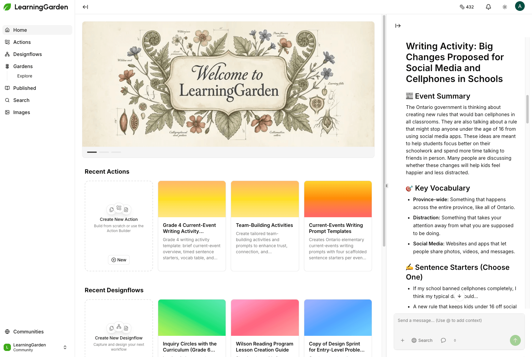 Vintage botanical illustration banner with the text 'Welcome to LearningGarden'.