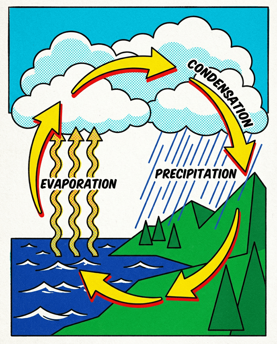 A colorful science visual that labels evaporation, condensation, and precipitation to help students understand the stages of the water cycle.