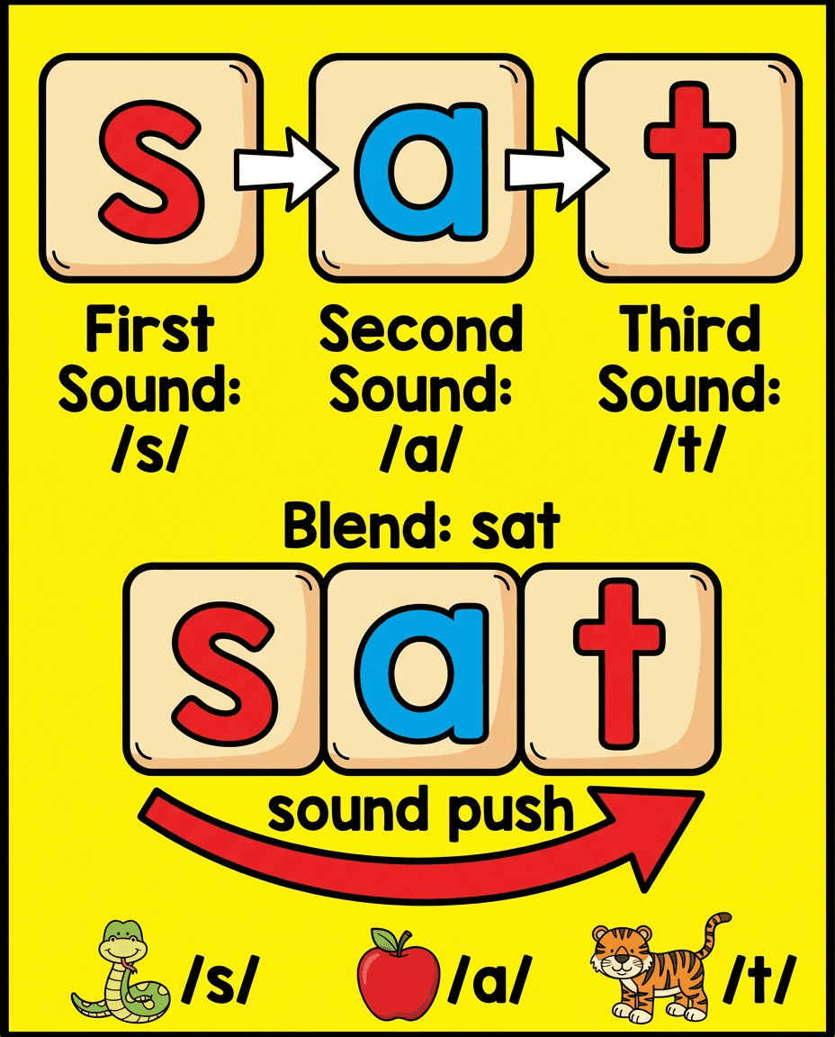 A bright phonics poster that models how to blend the sounds in sat, helping early readers connect letter sounds and read simple CVC words.