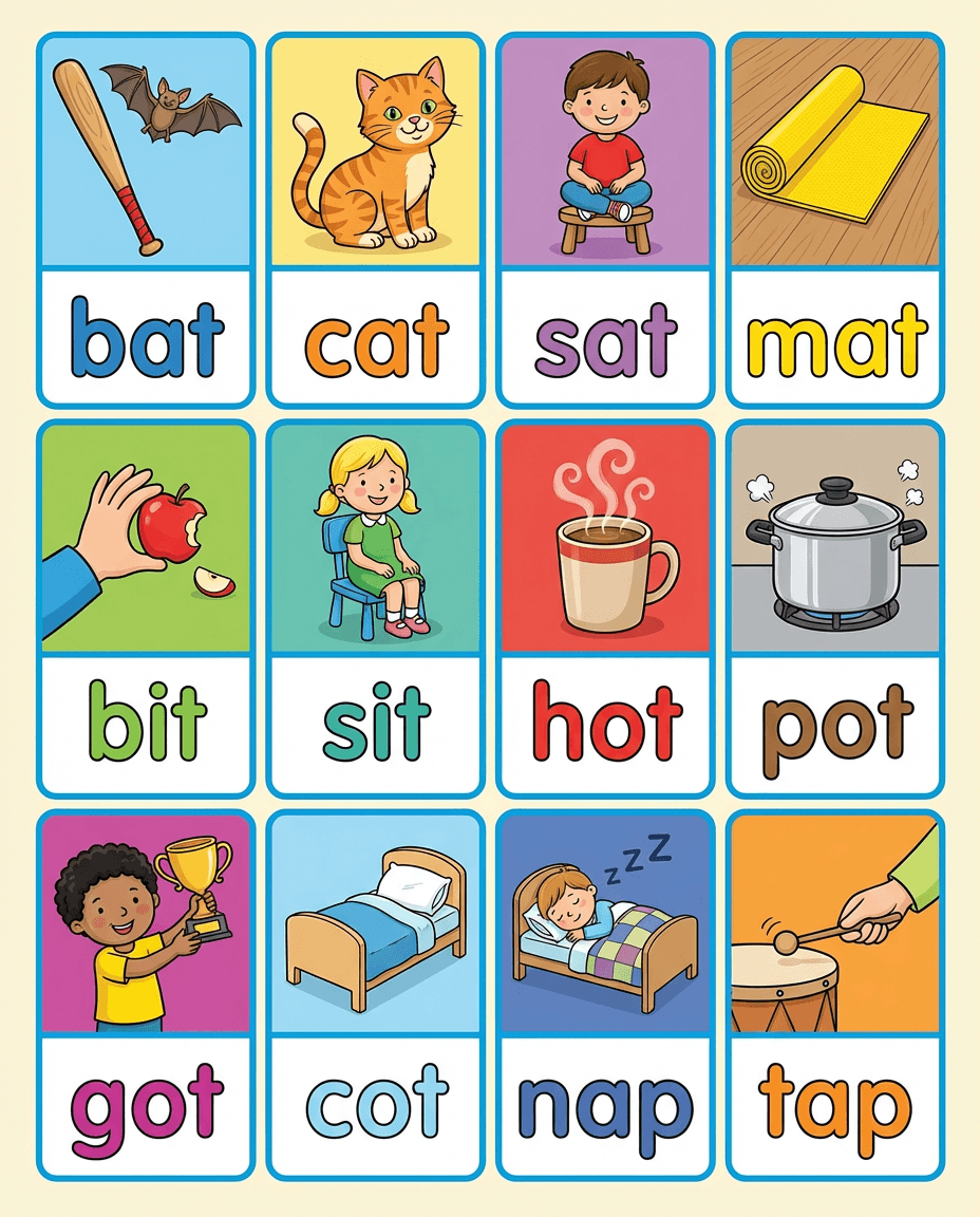 A phonics and vocabulary grid with illustrated CVC words such as bat, cat, sit, hot, and tap to support decoding and word recognition practice.