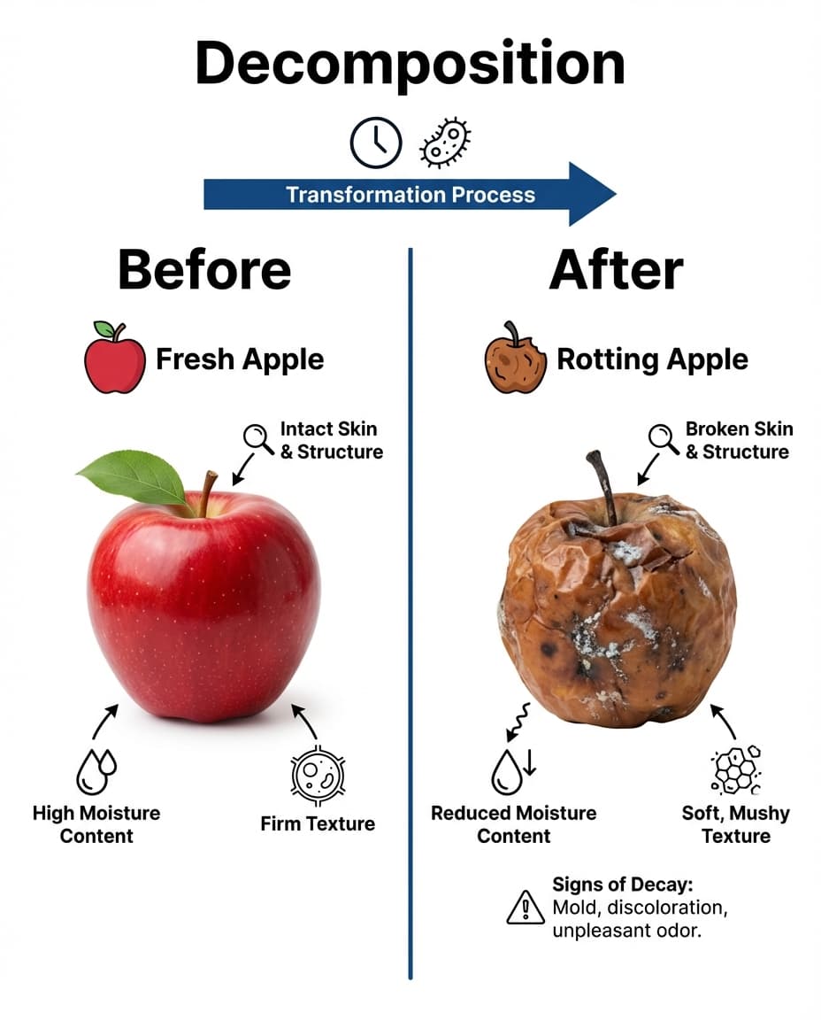 A science diagram that compares a fresh apple and a rotting apple to show how decomposition changes moisture, texture, and visible structure over time.