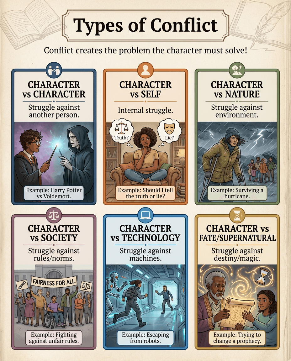 A literary elements poster that explains major conflict types such as character vs character, self, nature, society, technology, and fate or supernatural forces.