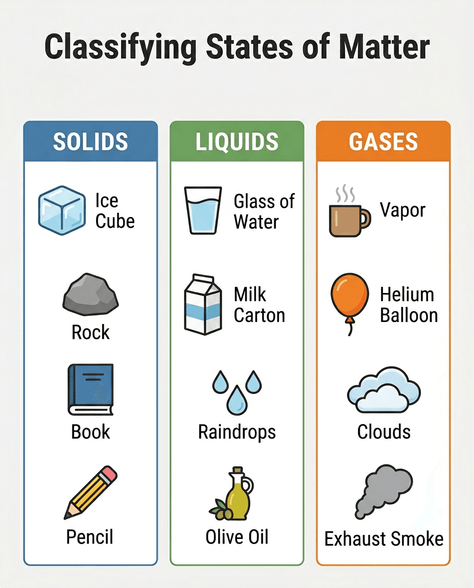 A science classification chart that groups everyday examples into solids, liquids, and gases to support matter vocabulary and sorting practice.