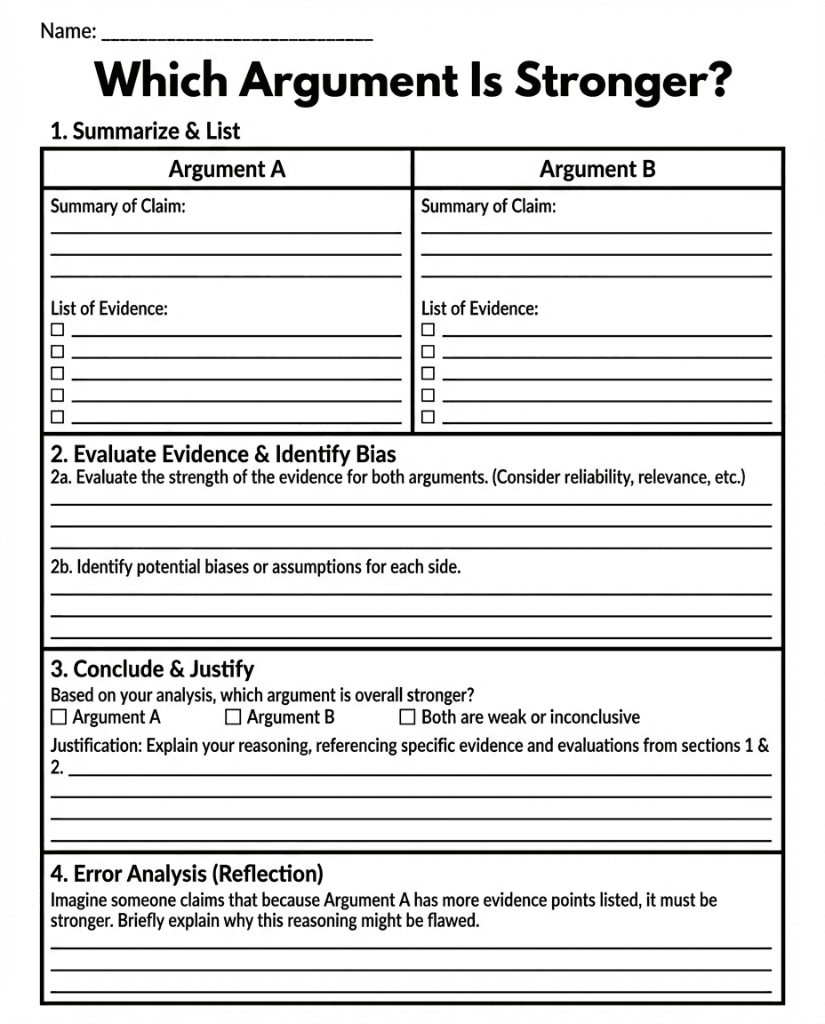 A structured literacy worksheet that guides students in comparing two arguments, evaluating evidence, identifying bias, and writing a justified conclusion.