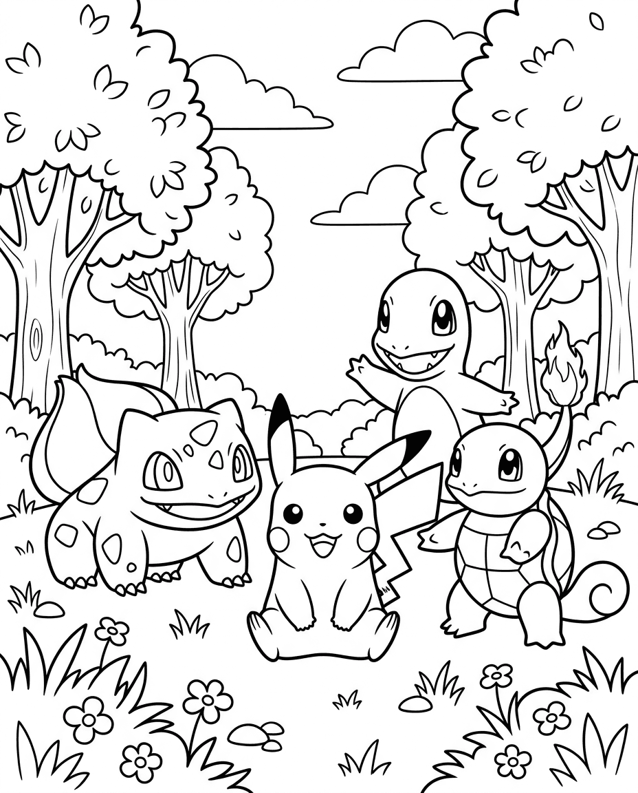 A printable coloring page featuring cartoon creatures in an outdoor scene, useful for creative work, choice boards, or themed classroom activities.