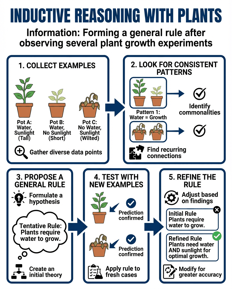 A science reasoning poster that uses plant growth experiments to show how students can identify patterns, propose a rule, test new examples, and refine a conclusion.