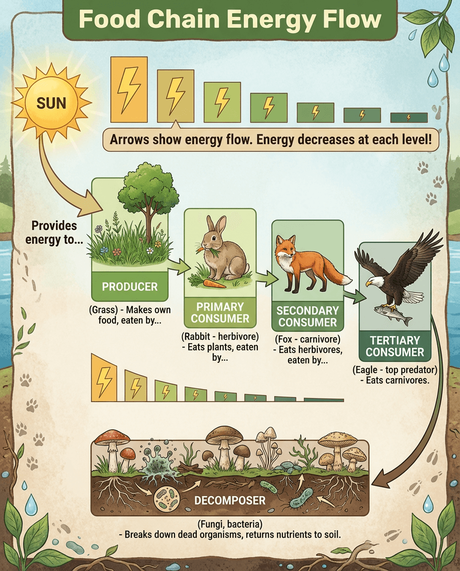 An ecosystem chart that traces energy from the sun through producers, consumers, and decomposers while showing how available energy decreases at each level.