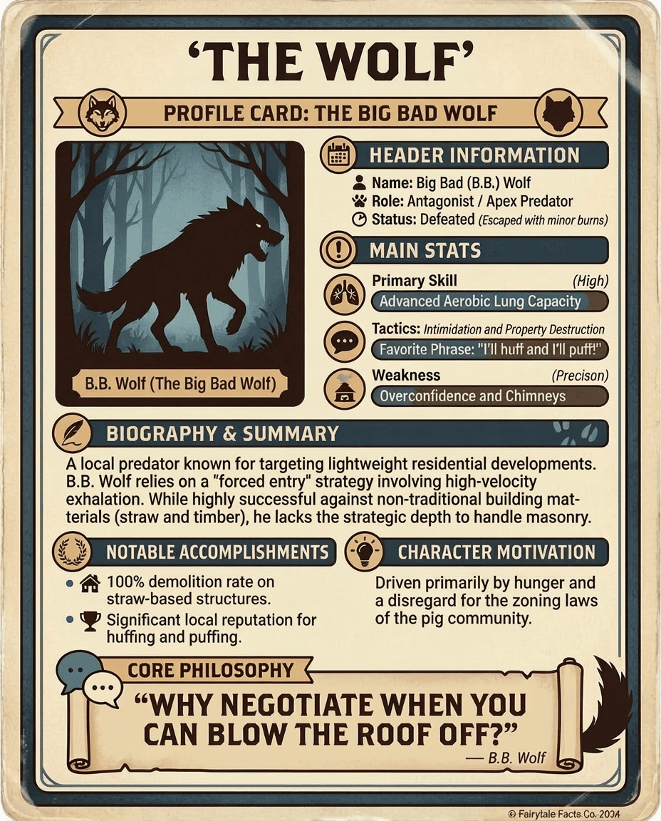 A playful character analysis card that profiles the Big Bad Wolf with traits, motivations, accomplishments, and summary details from a fairy tale perspective.