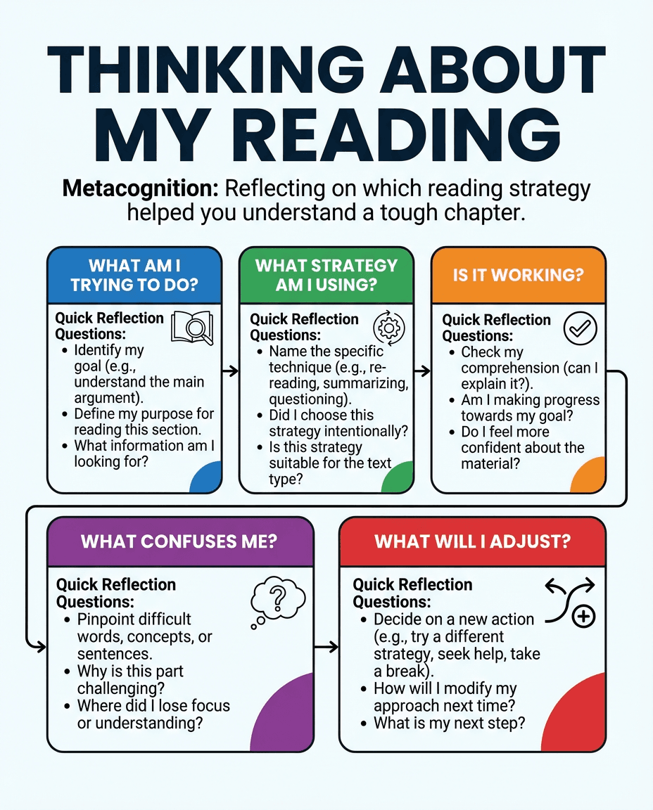 A metacognitive reading poster that helps students reflect on their goal, strategy, comprehension, confusion, and next steps after a challenging section.