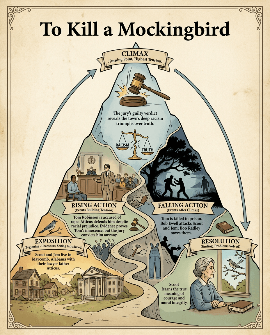 A literature poster that maps exposition, rising action, climax, falling action, and resolution for To Kill a Mockingbird using key themes and events.