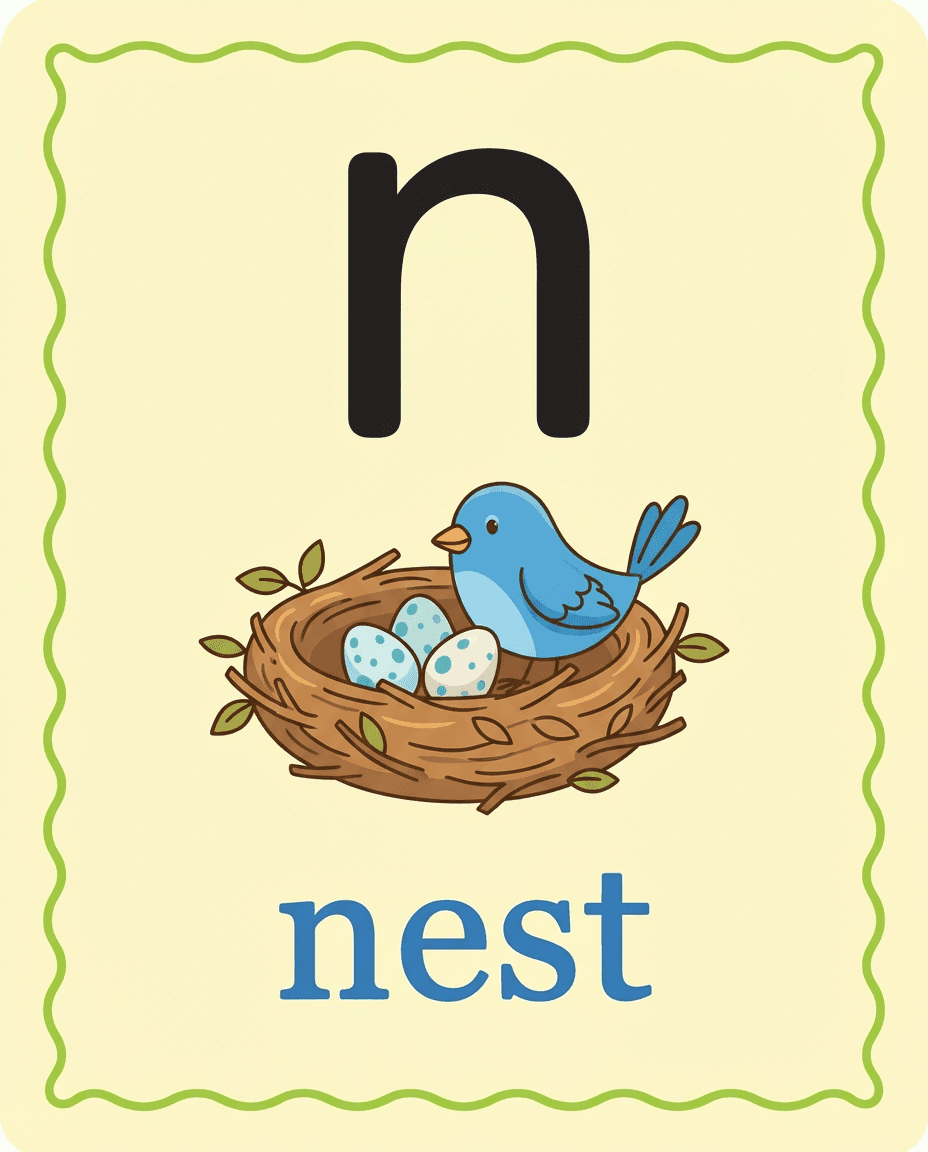An early literacy phonics card that pairs the lowercase letter n with the word nest and an illustration to reinforce letter-sound recognition.