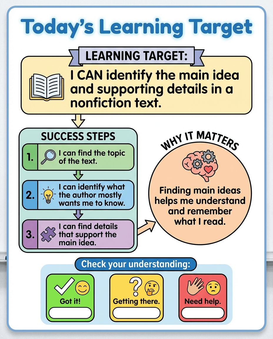 A classroom anchor chart that states a nonfiction reading learning target and breaks success into clear steps for finding the topic, main idea, and supporting details.