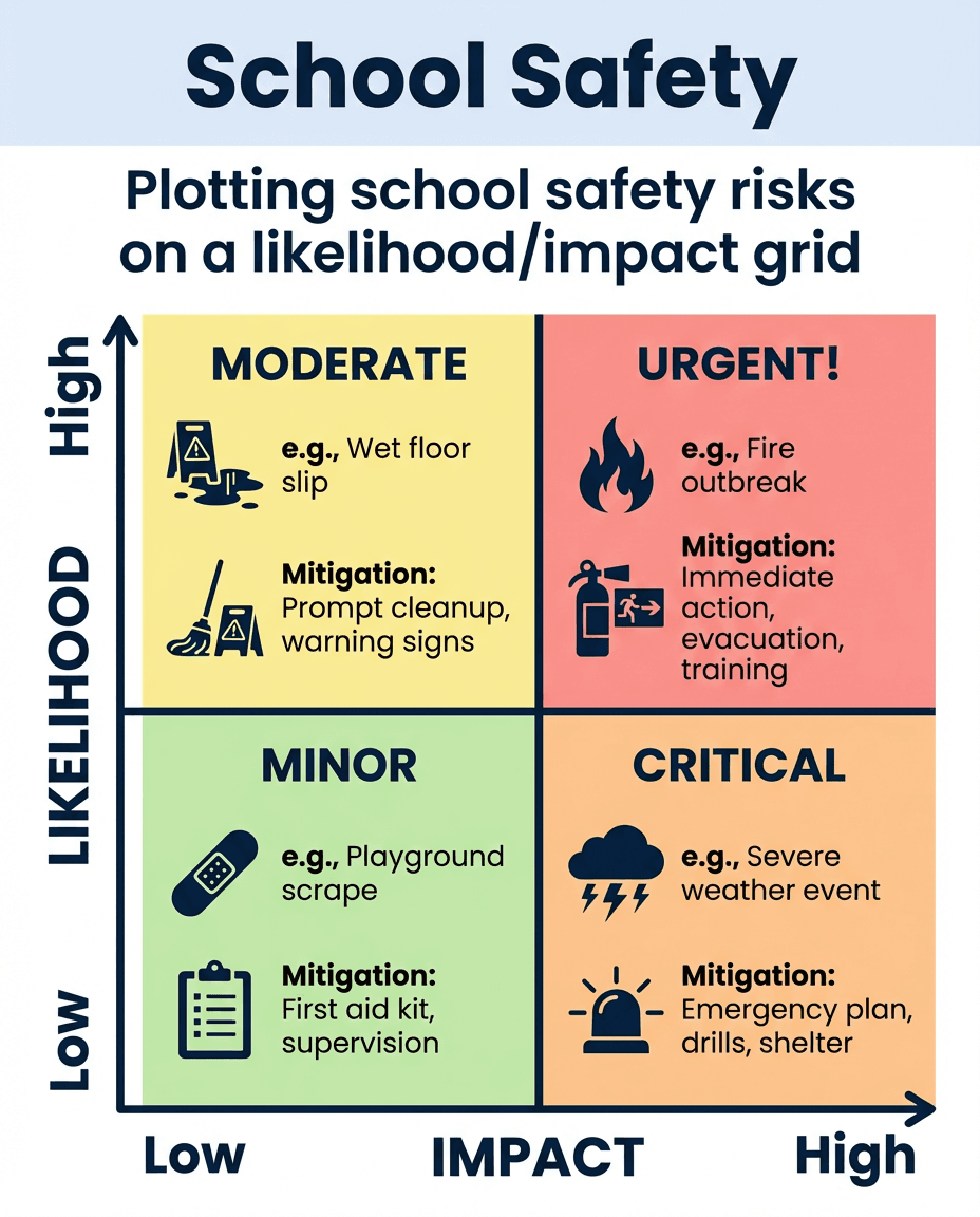 A school safety chart that plots common risks on a likelihood and impact grid to help students and staff think through mitigation priorities.