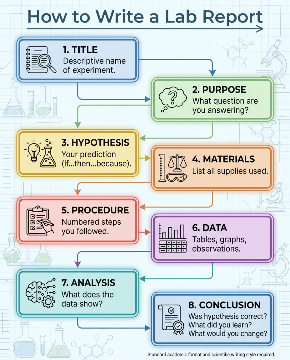A science writing infographic that walks students through the sections of a lab report, from title and purpose to data, analysis, and conclusion.