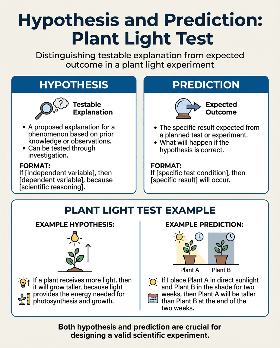 A science methods poster that distinguishes a testable hypothesis from a specific prediction using a plant light experiment example.