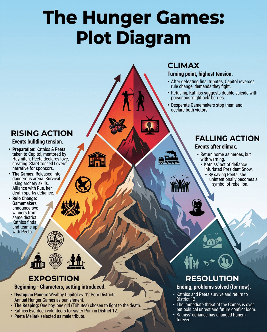 A literary analysis poster that maps exposition, rising action, climax, falling action, and resolution using The Hunger Games as the example text.