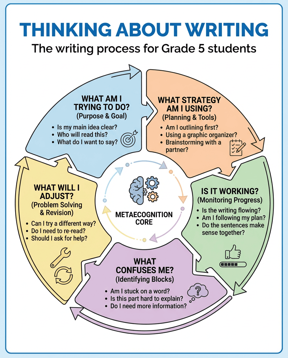 A metacognition anchor chart for grade 5 writing that prompts students to plan, monitor progress, revise, and reflect throughout the writing process.