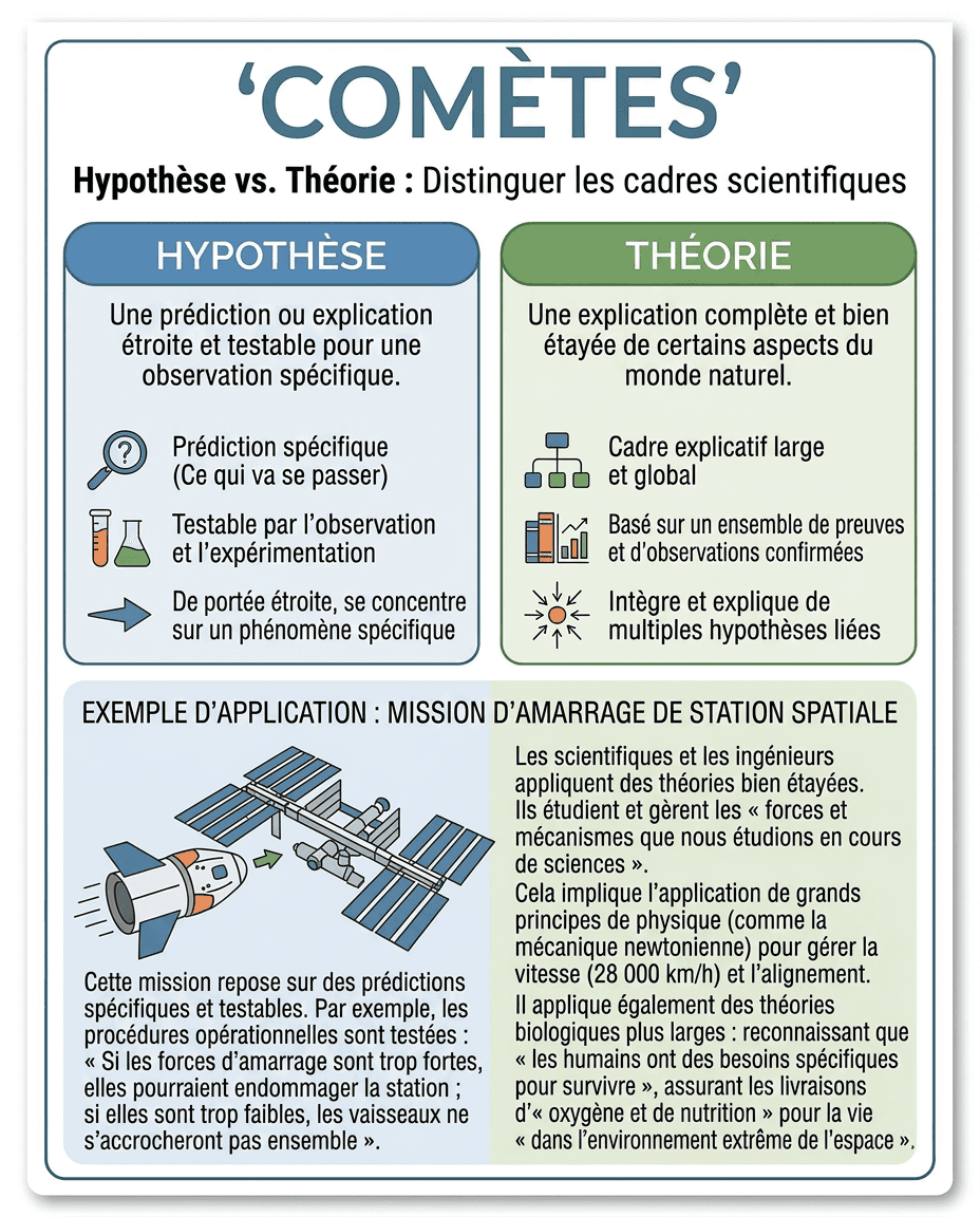 A French-language science poster that contrasts hypothesis and theory through a space mission example, helping students distinguish testable predictions from broader scientific explanations.