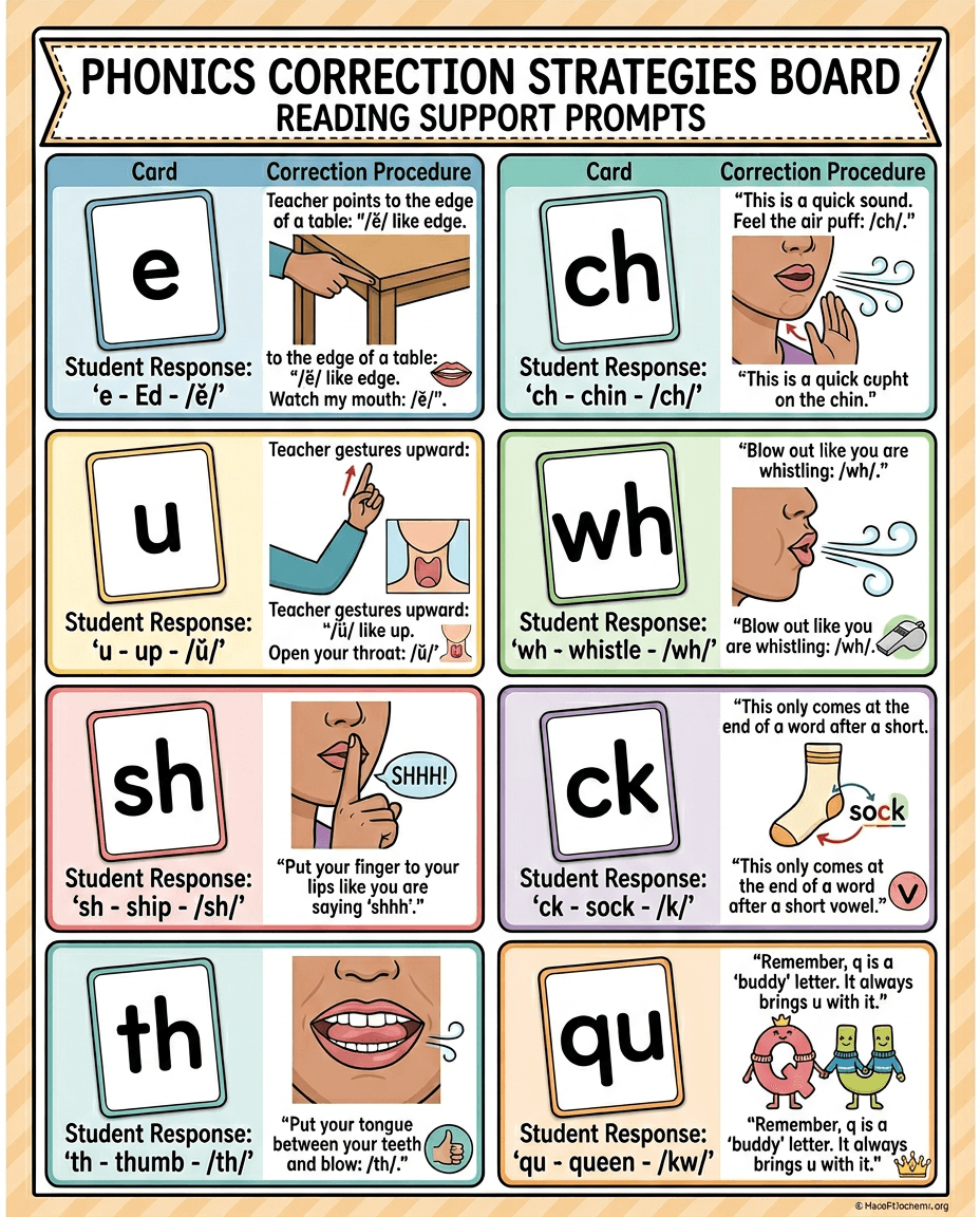 A reading support chart that shows teacher prompts and articulation cues for phonics patterns such as e, u, ch, wh, sh, ck, th, and qu.