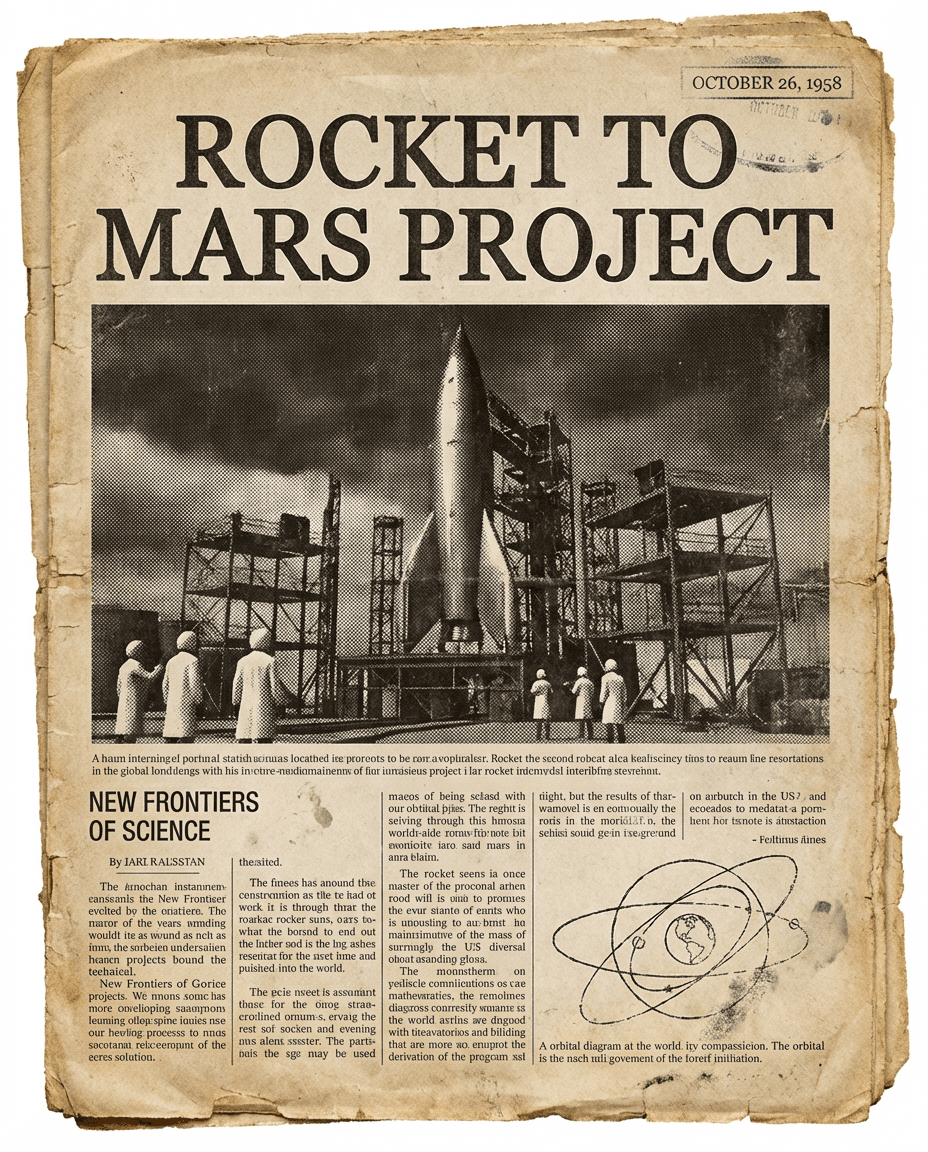 A vintage-style project visual that presents a fictional Rocket to Mars headline, making it useful for science, history, or creative writing assignments.