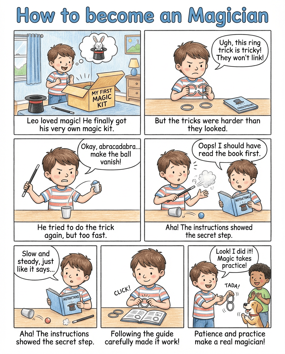 A comic-style reading passage that shows Leo learning magic through mistakes, instructions, patience, and practice, ideal for sequencing and comprehension work.