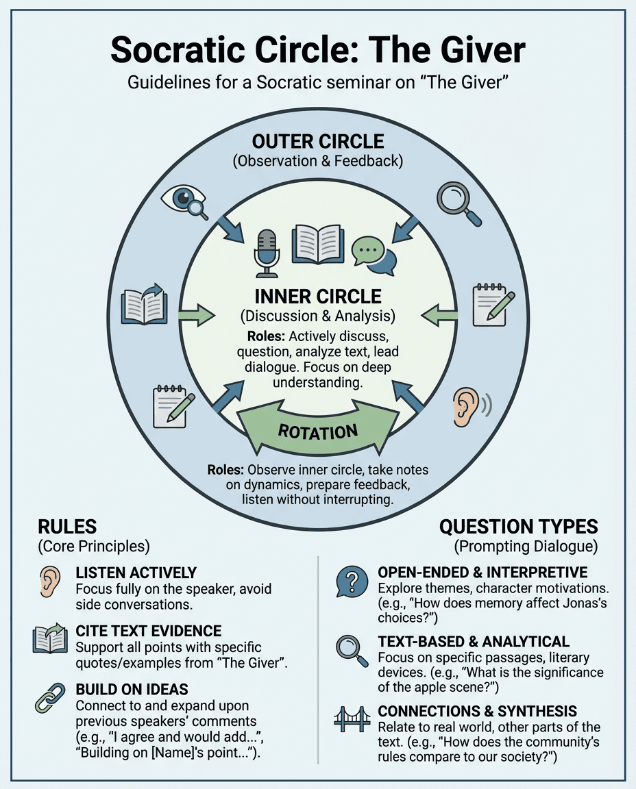 A classroom discussion poster for The Giver that explains inner and outer circle roles, seminar rules, and question types for text-based dialogue.
