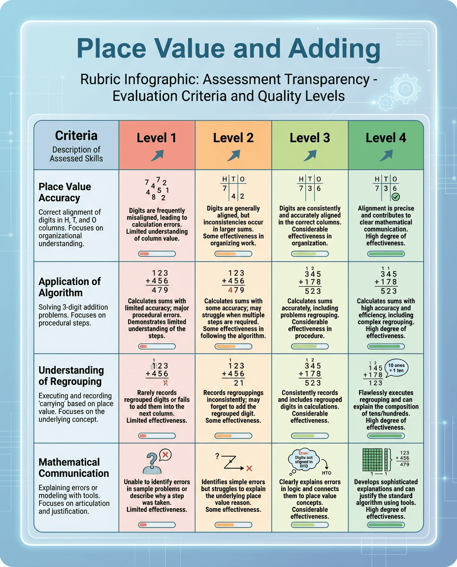 A math assessment infographic that breaks down criteria and performance levels for place value, addition strategy, regrouping, and mathematical communication.